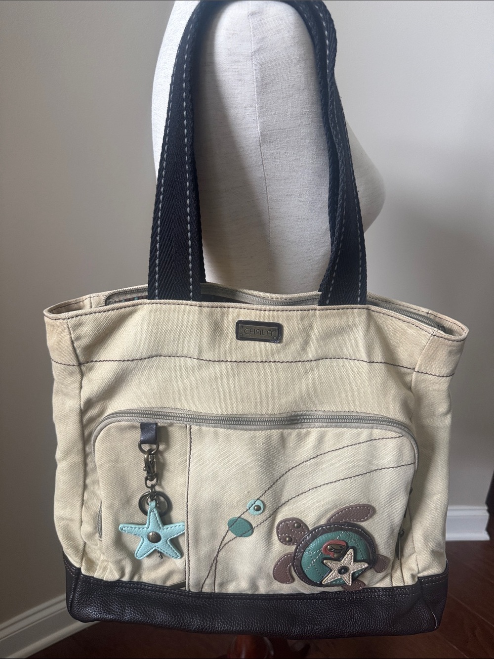 Chala Beige Canvas Tote with Brown Trim and Aqua Turtle Accent